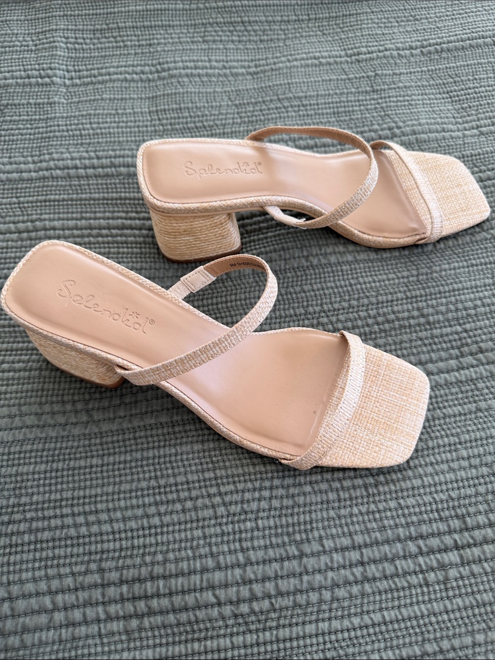 Neutral Beige Two-Strap Block Heel Sandals raffia type material.